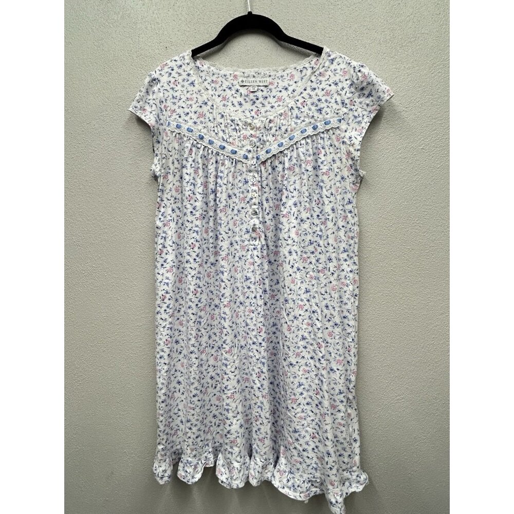 Eileen West Floral Nightgown Medium Blue Pink Prairie Cottagecore Short Sleeve
